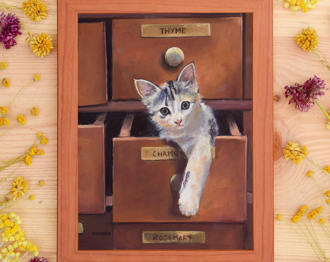 Playful Kitten Climbing Out of Vintage Herb Cabinet Drawers Poster - Image 6