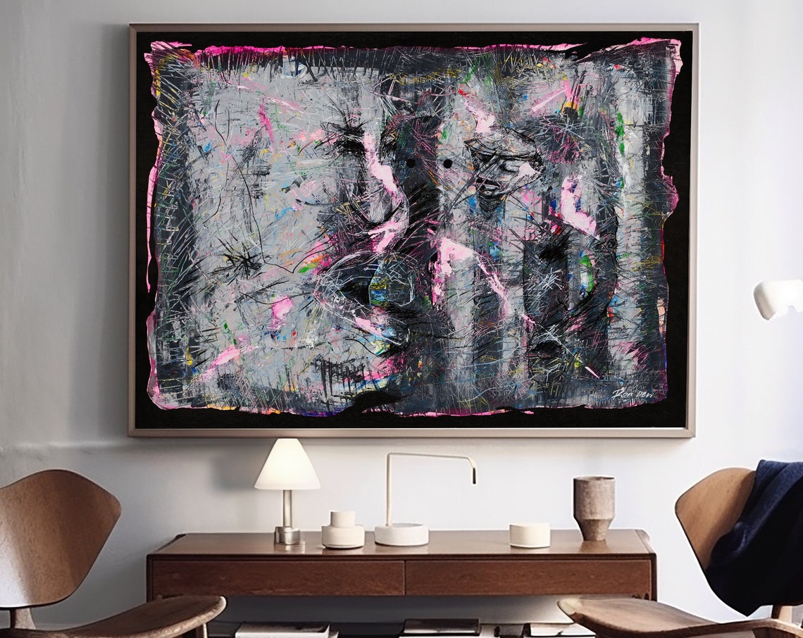 Dark Charcoal Abstract with Pink Streaks Textured Modern Art Poster