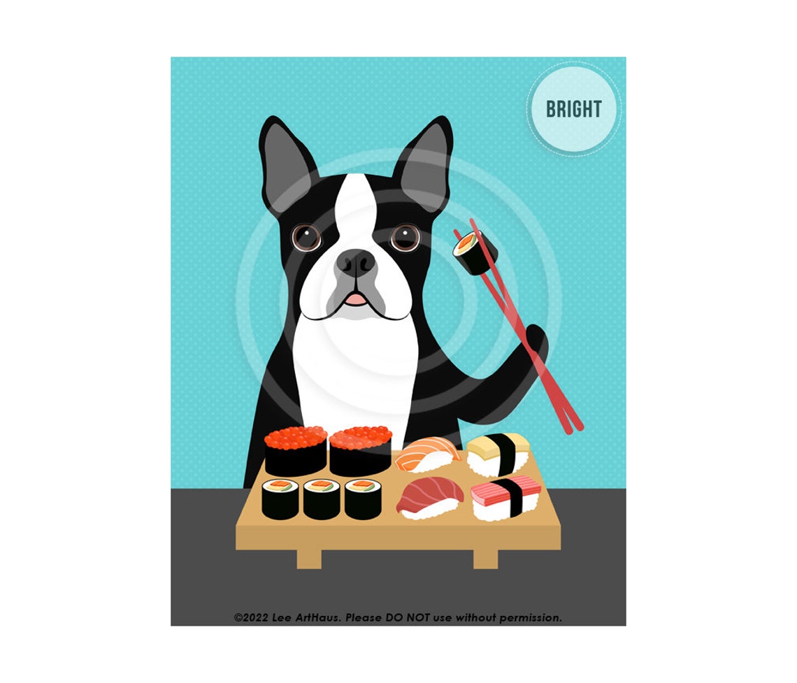 Boston Terrier Eating Sushi Chopsticks Platter Funny Foodie Poster
