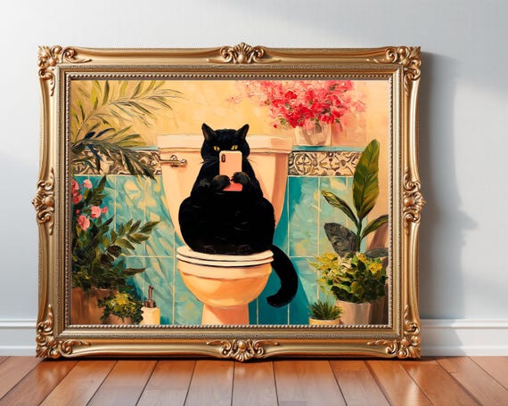 Vintage Black Cat Bathroom Art Print Funny Lover Gift