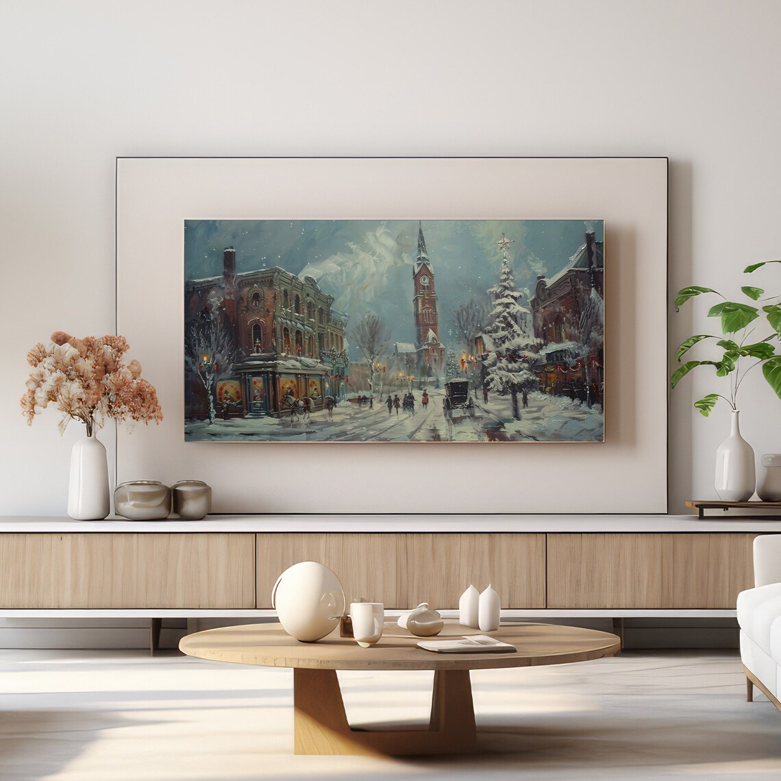 Snowy Vintage Christmas Village Street With Horse Carriages Poster - Image 4
