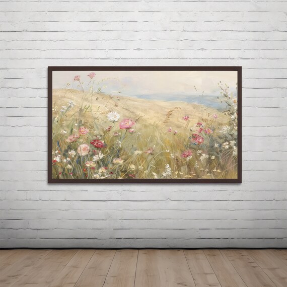 Soft Wildflower Meadow Painting Pink Blossoms Golden Field Poster