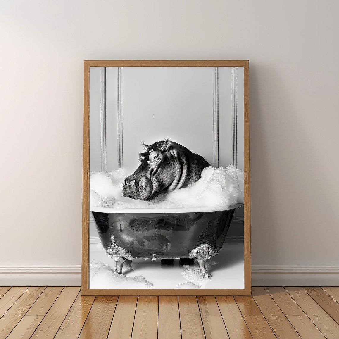 Happy Hippo Relaxing In Bubble Bath Black And White Funny Poster - Image 5