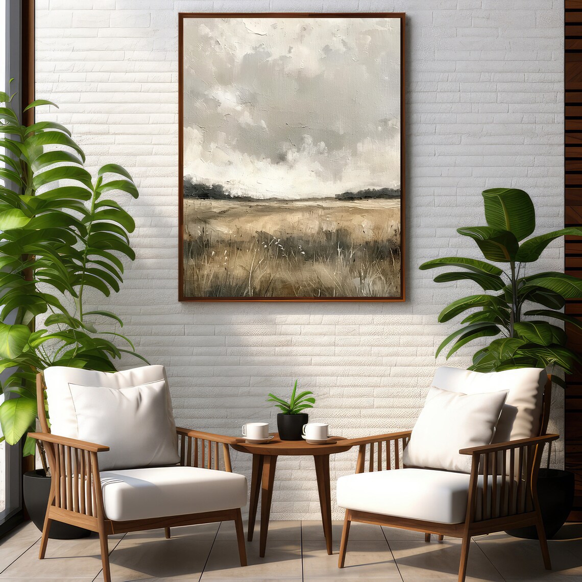Muted Spring Field Landscape, Beige Neutral Tones - Image 2