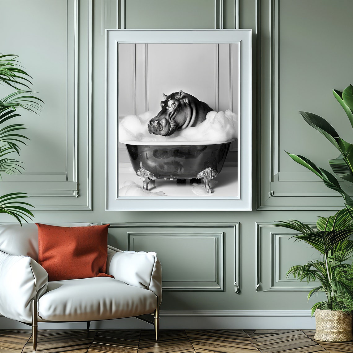 Happy Hippo Relaxing In Bubble Bath Black And White Funny Poster - Image 4