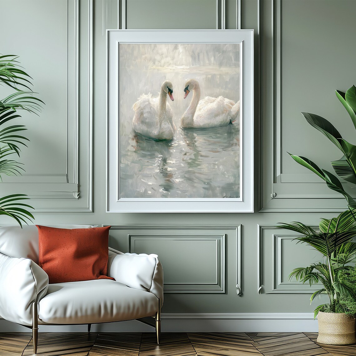 Serene Pair Of White Swans In Soft Pastel Watercolor Art Poster - Image 3