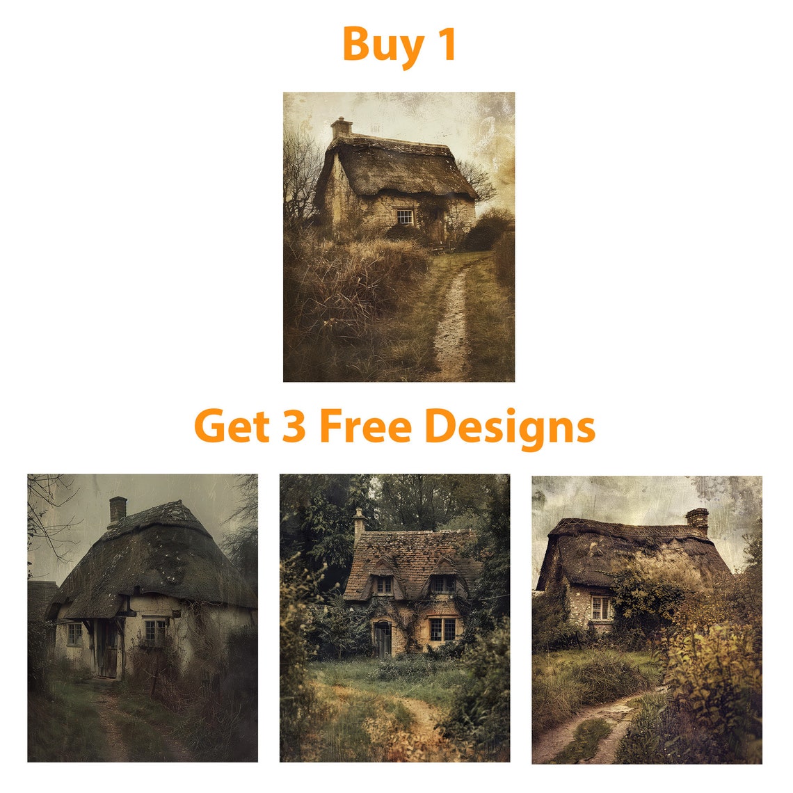 Vintage Sepia Thatched Cottage Countryside Path Photo Art Poster - Image 6