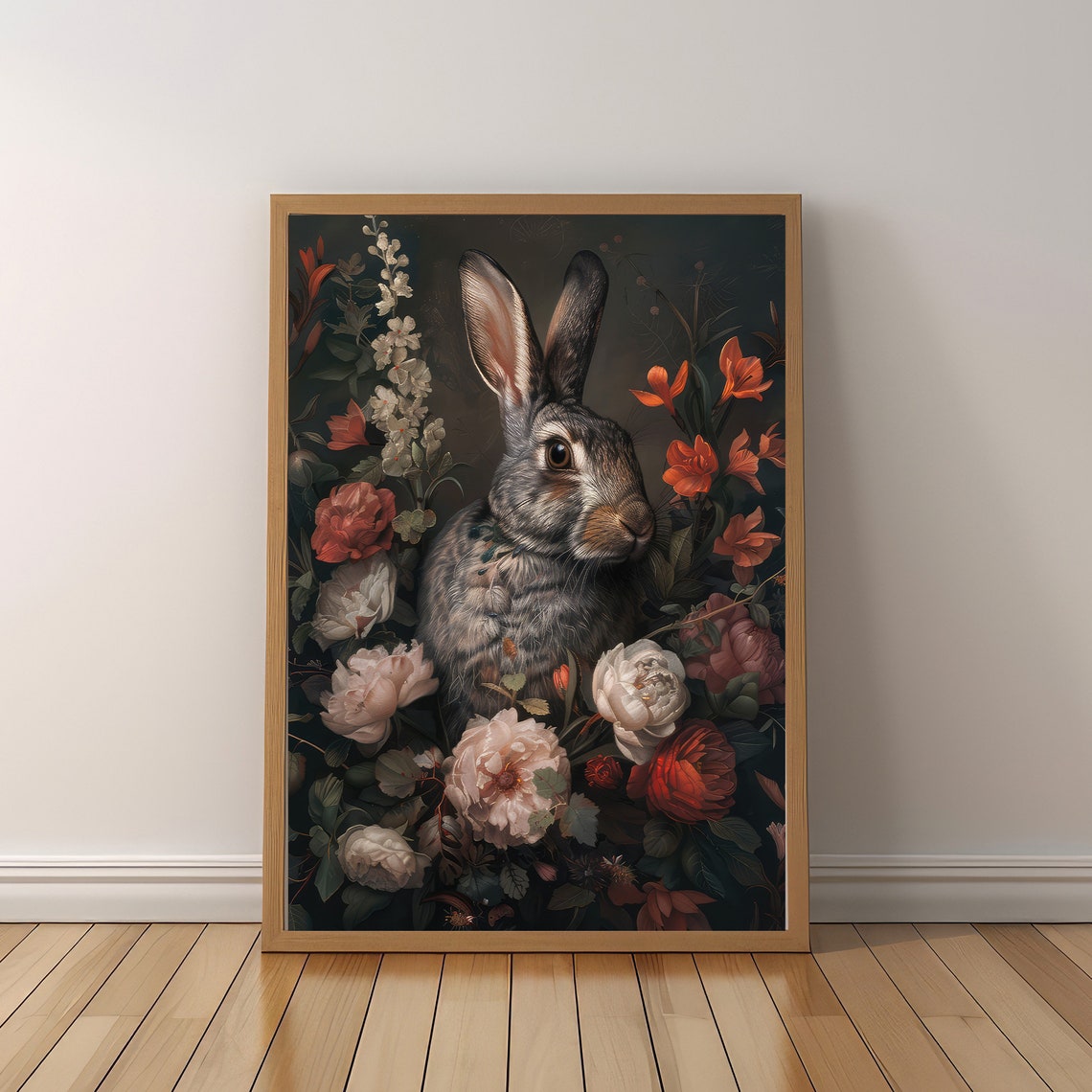 Elegant Rabbit Portrait Among Flowers Dark Botanical Art Poster - Image 6