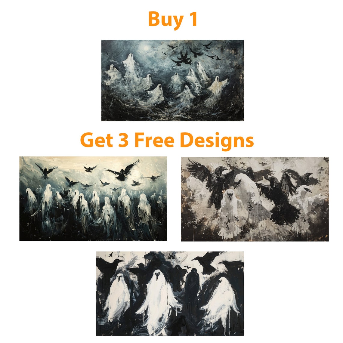 Haunted Floating Ghosts Under Full Moon With Black Crows Poster - Image 5