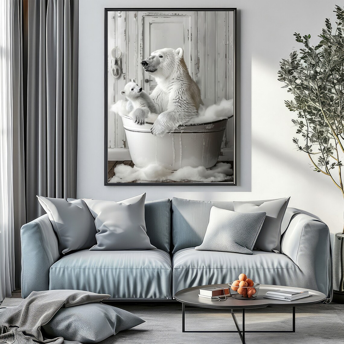 Polar Bears in Tub Bathroom Art Print, Black and White - Image 3