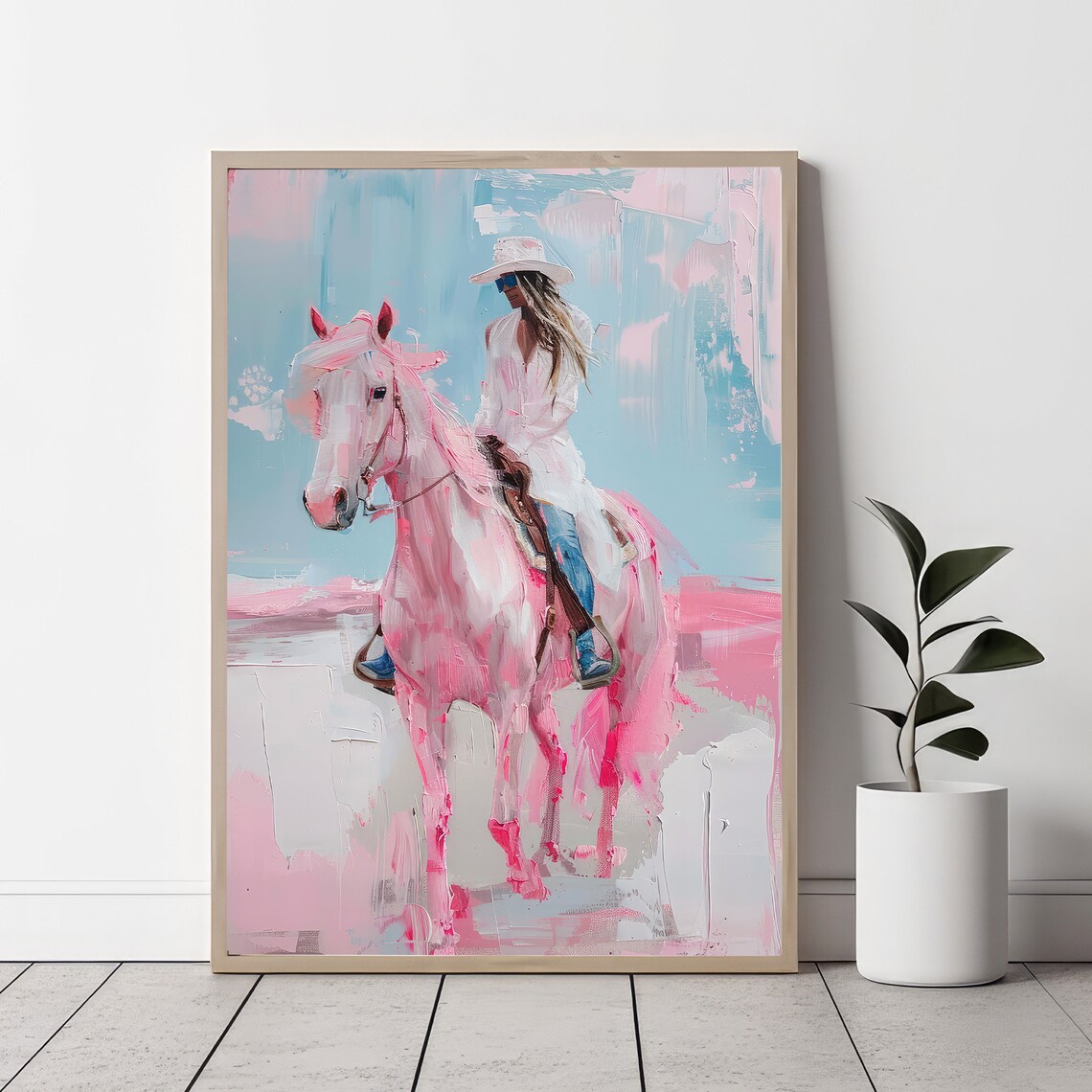Coastal Cowgirl Riding Pink Horse Pastel Western Painting Poster