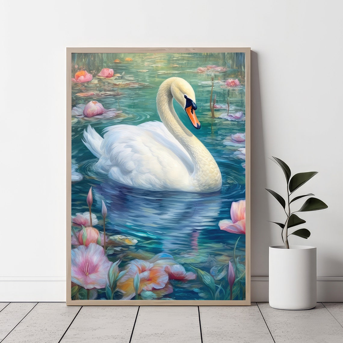 Swan With A Pink Flower Print Soft Girl Aesthetic Painting Dreamy Balletcore Wall Art Pastel Coquette Aesthetic Teen Girl Bedroom Bow