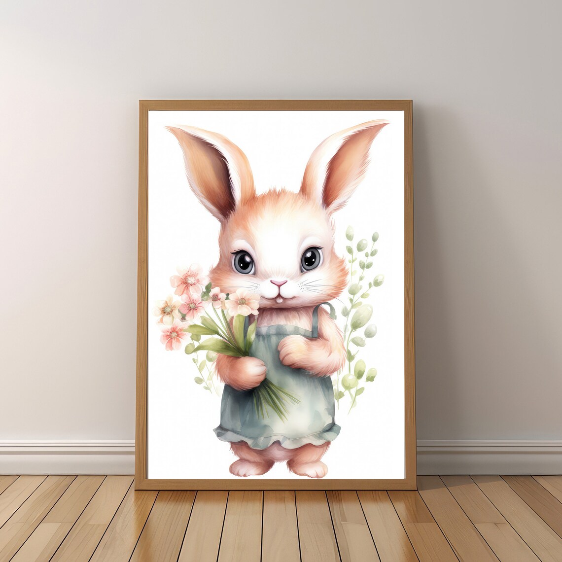 Bunny Holding Flowers Watercolor Painting Nursery Rabbit Baby Wall Art - Image 6