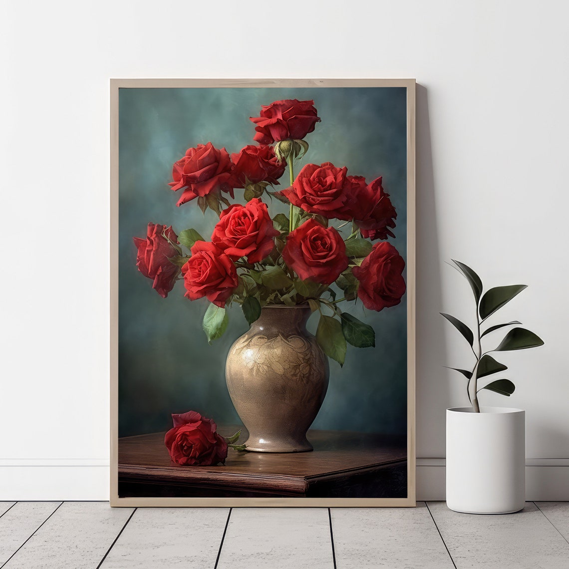 Red Roses Gold Vase Painting Classic Still Life Romance Wall Art - Image 6