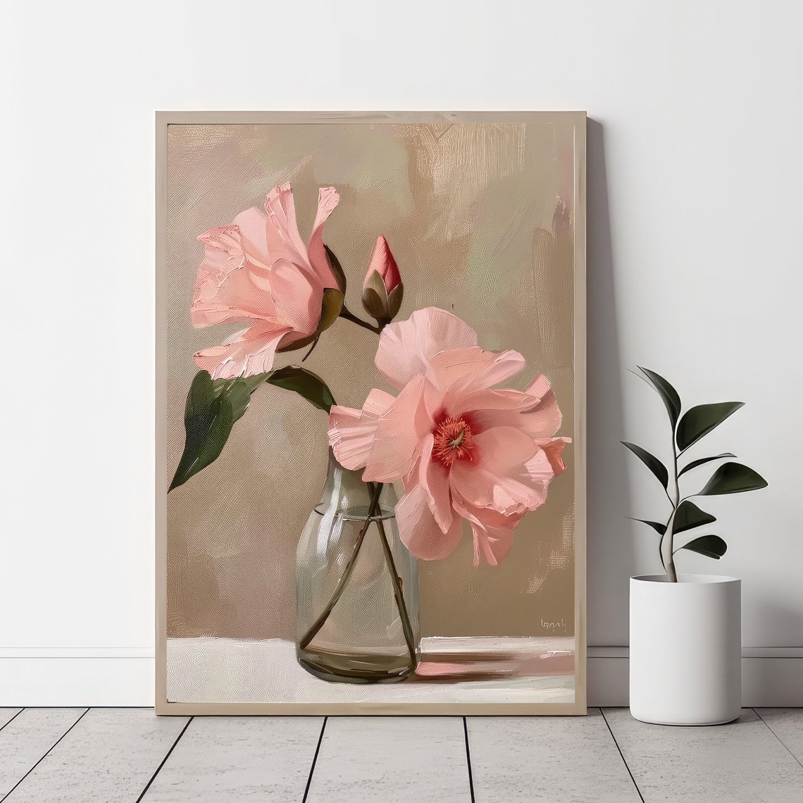 Pink Camellia Flowers In Glass Vase Soft Neutral Floral Art Poster