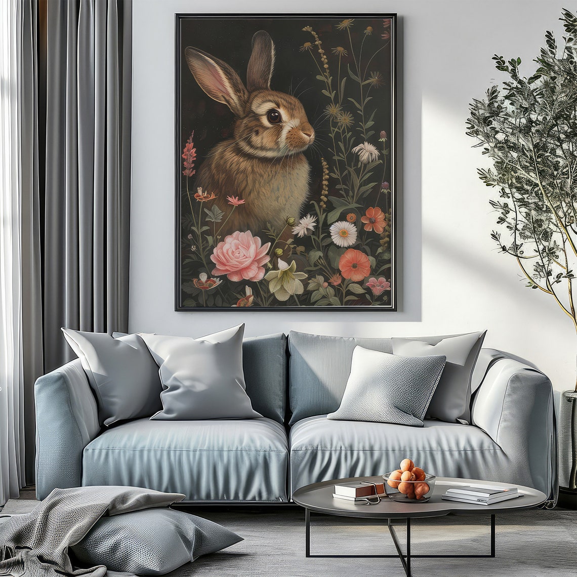 Charming Brown Rabbit Among Wildflowers Dark Botanical Art Poster - Image 2