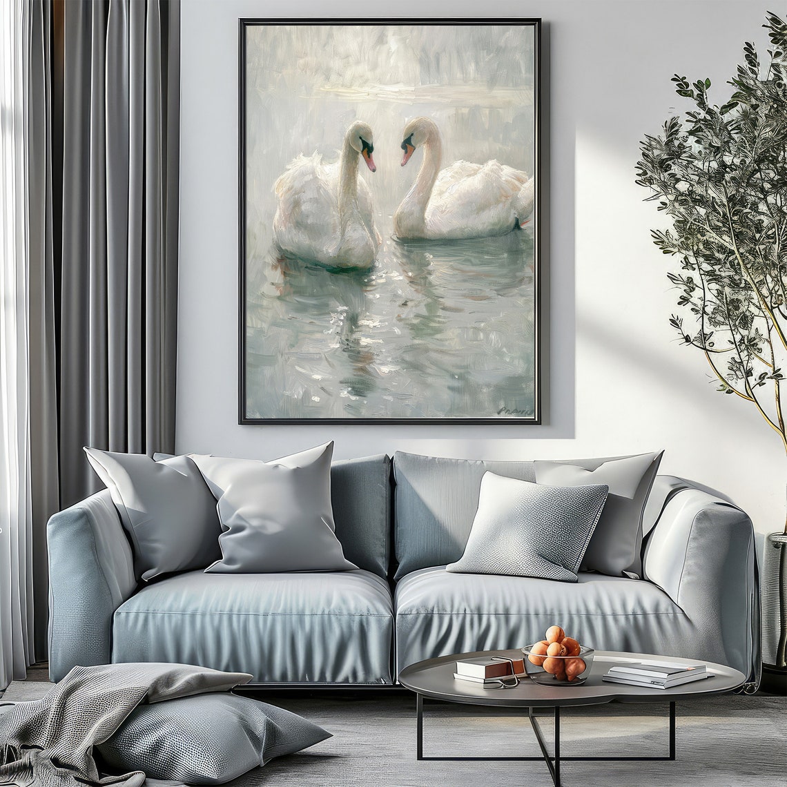Serene Pair Of White Swans In Soft Pastel Watercolor Art Poster - Image 2