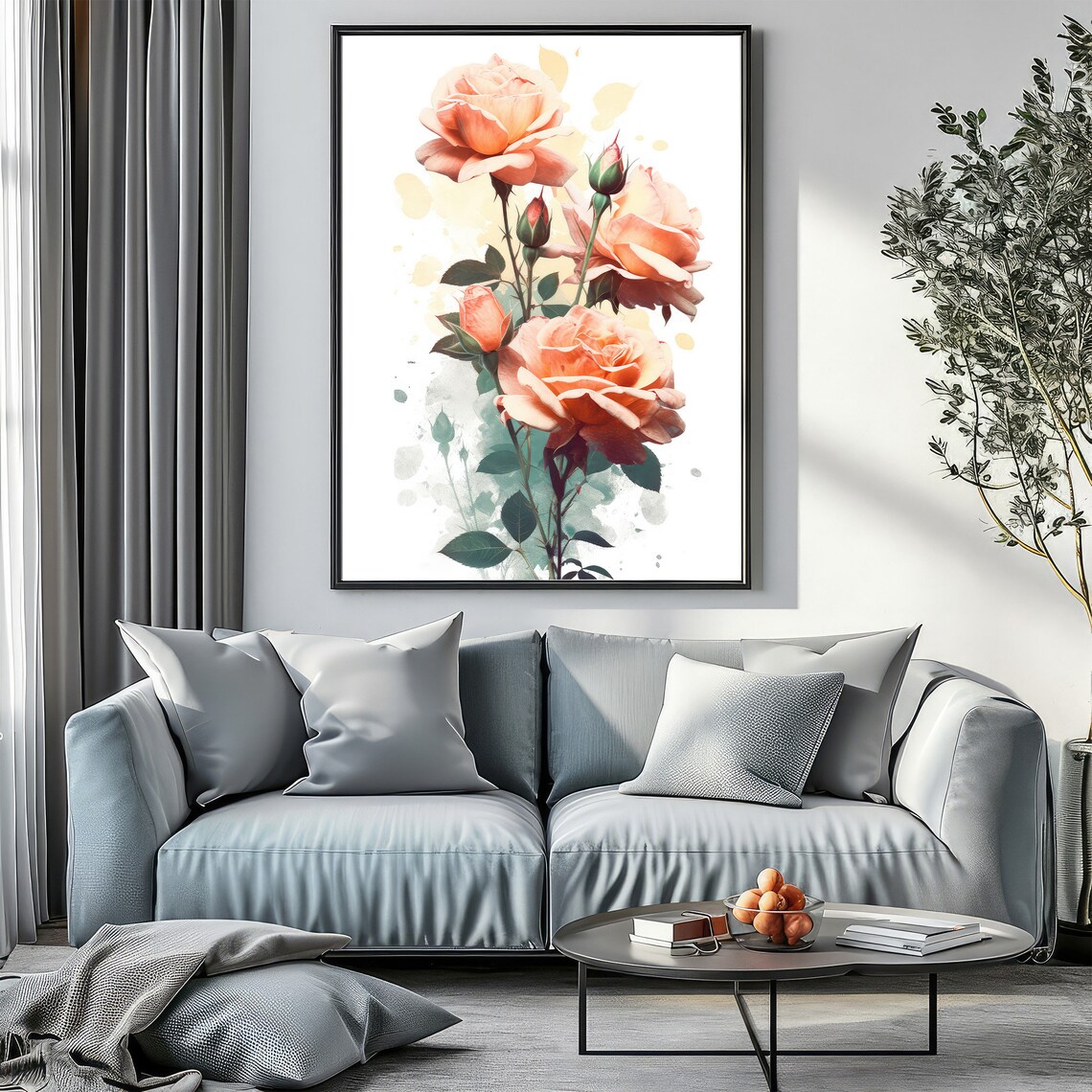 Peach Roses Watercolor Painting Elegant Blush Floral Bouquet Wall Art - Image 3