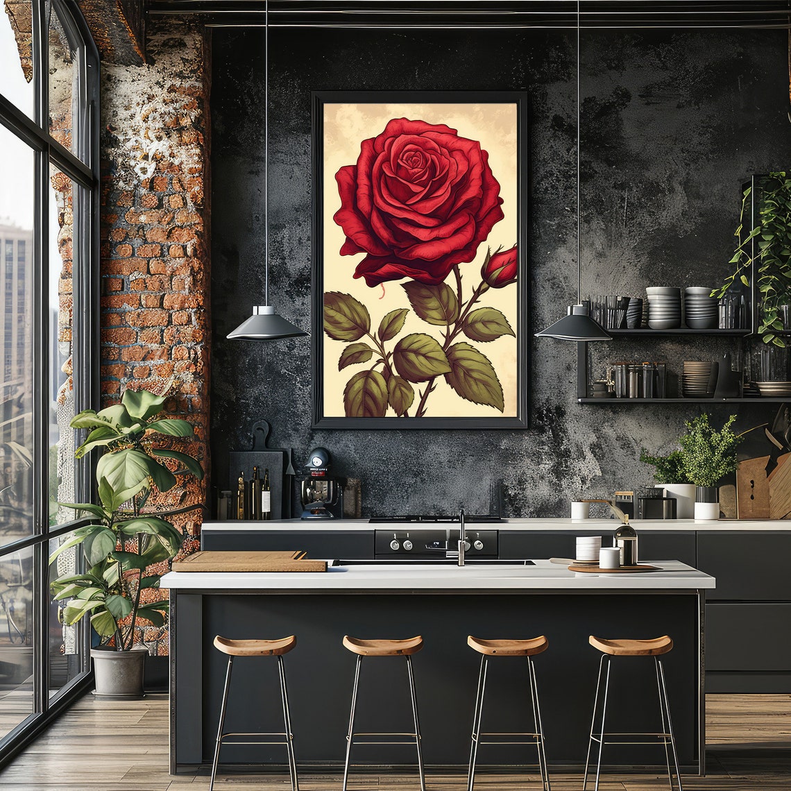 Dramatic Large Red Rose Bloom Vintage Botanical Floral Art Poster - Image 3