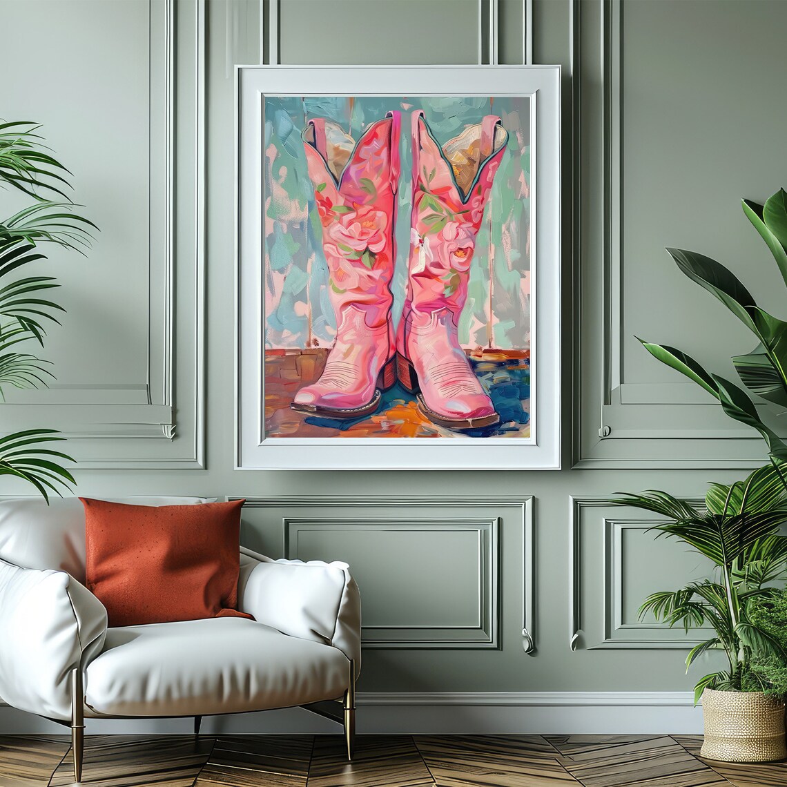 Pink Floral Cowboy Boots Western Painting Coastal Art Poster - Image 4