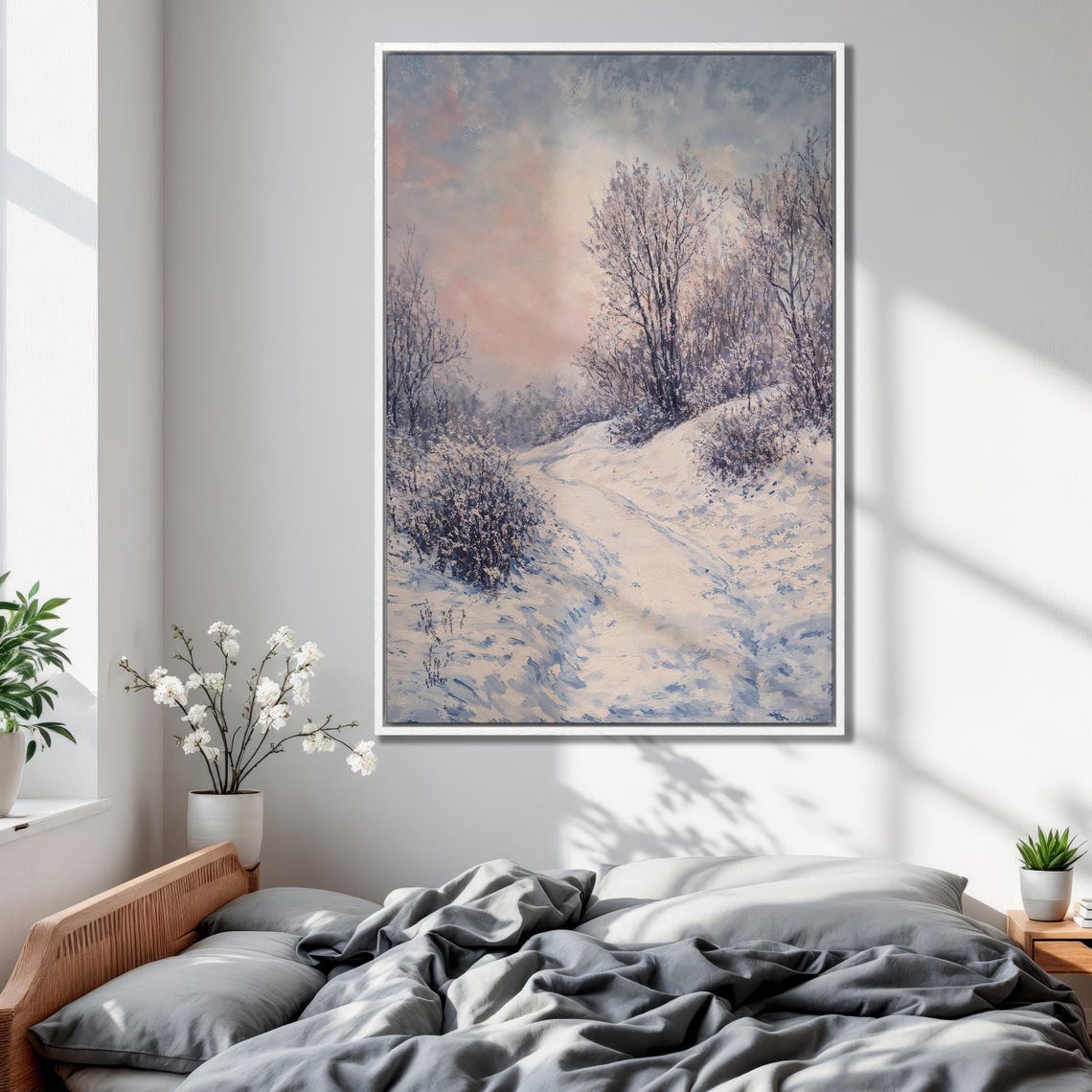 Snowy Forest Path at Dusk Beneath a Pink and Blue Sky Poster - Image 2
