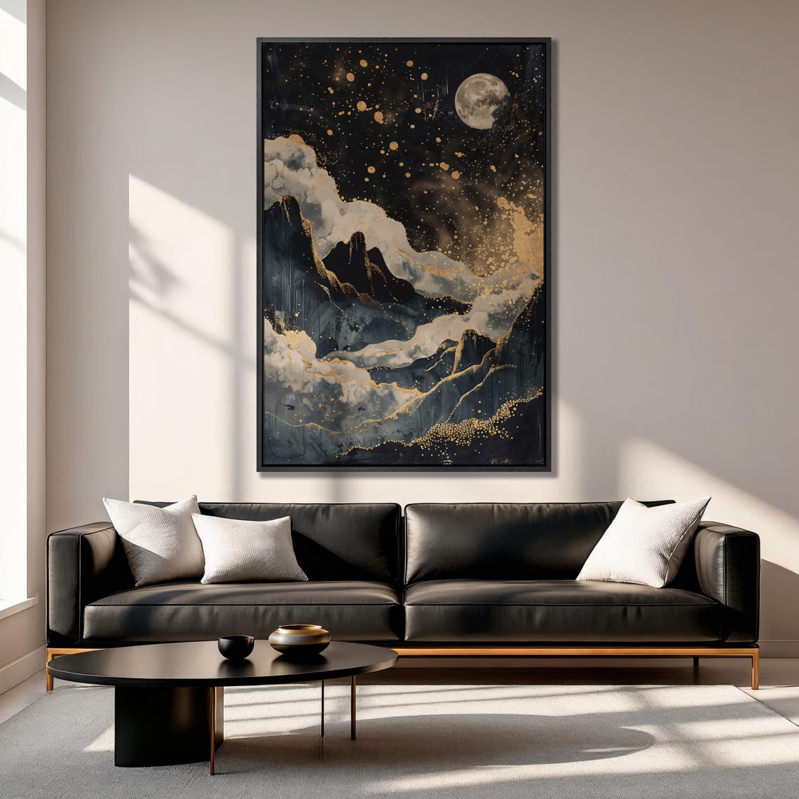 Golden Full Moon Over Dark Mountains Under Starry Night Sky Poster - Image 3