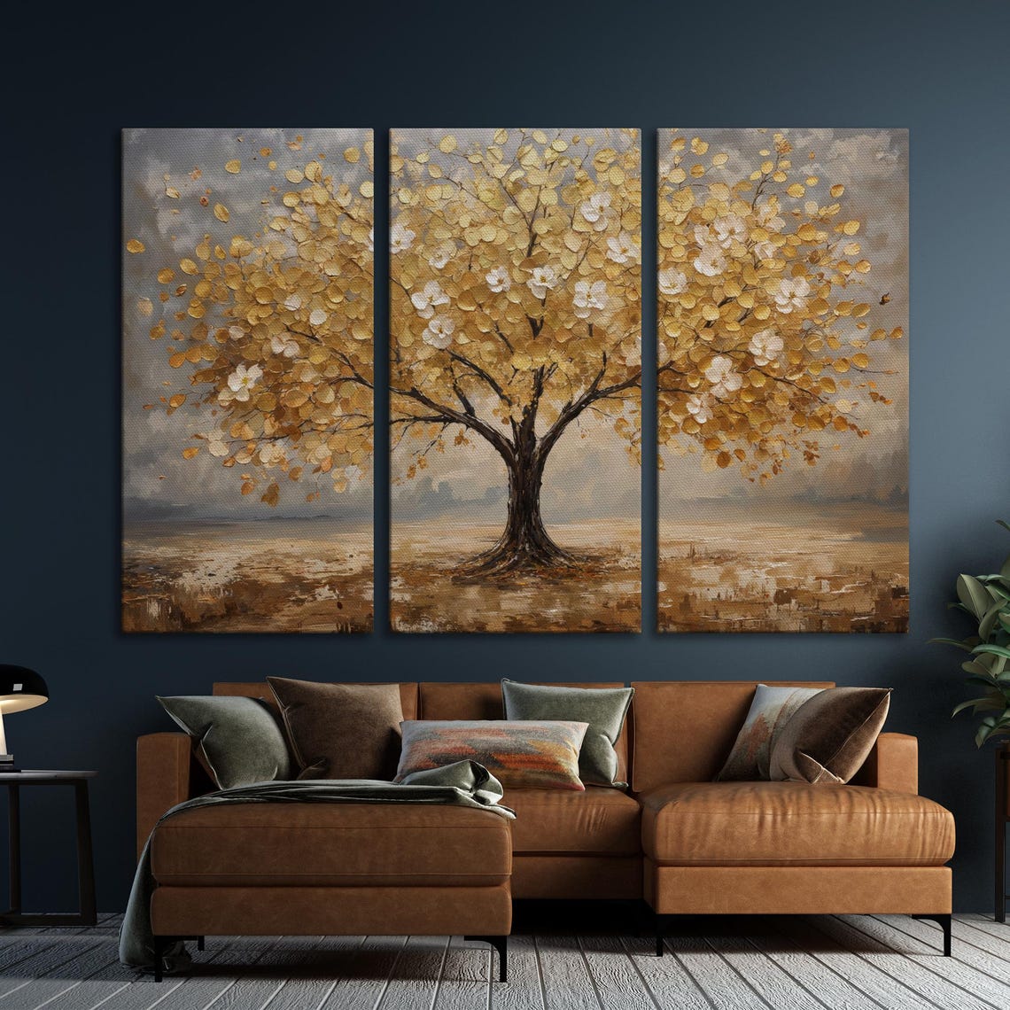 Golden Leaf Tree With White Blossoms Abstract Nature Painting Poster - Image 5