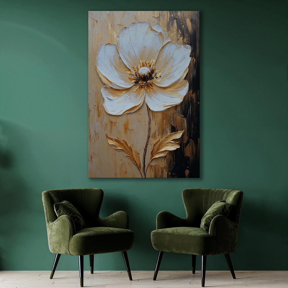 Large White And Gold Textured Floral Bloom Impasto Painting Poster - Image 2