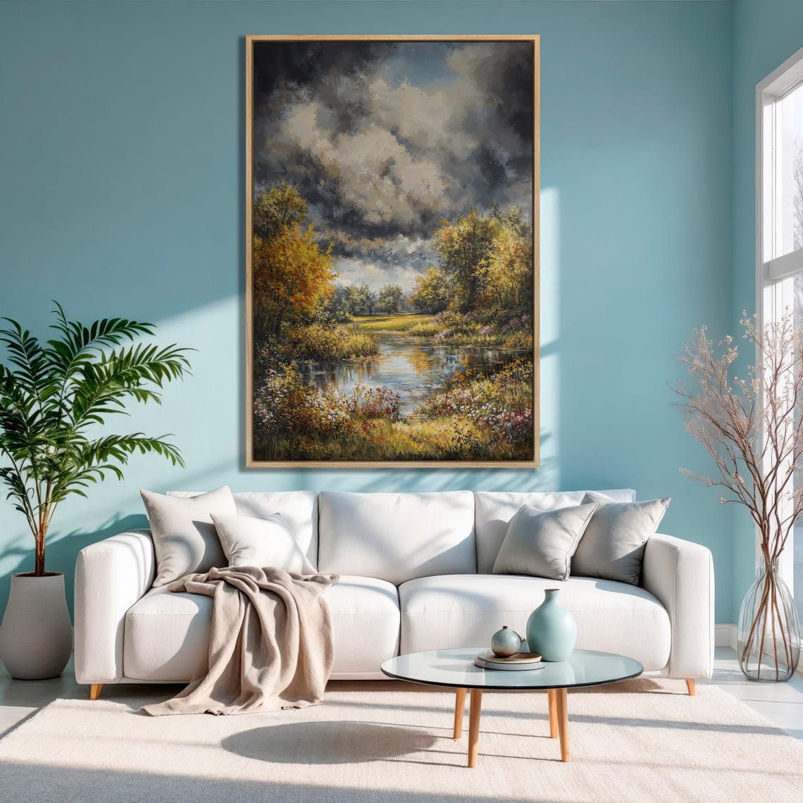Golden Autumn Forest Pond With Wildflowers Under Stormy Sky Poster - Image 3