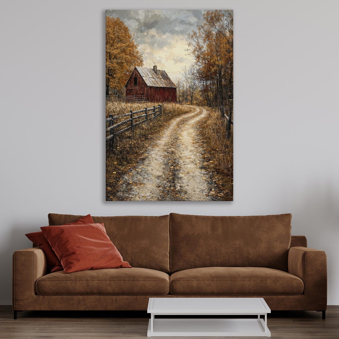 Red Barn at the End of Dirt Road in Golden Autumn Fields Poster - Image 4