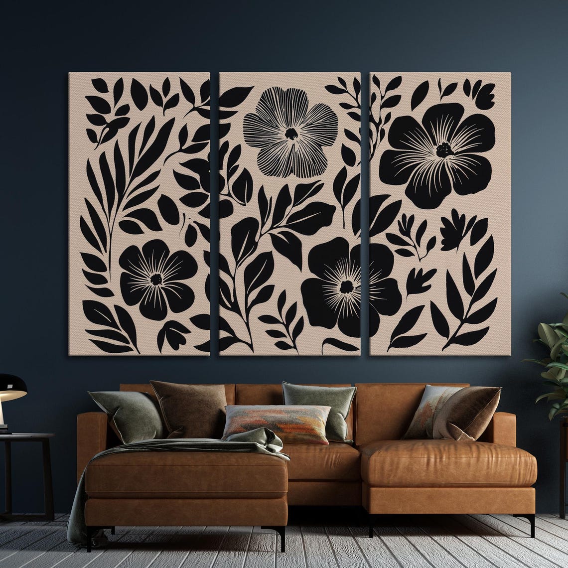 Black And White Botanical Floral Silhouette Pattern On Beige Poster - Image 6