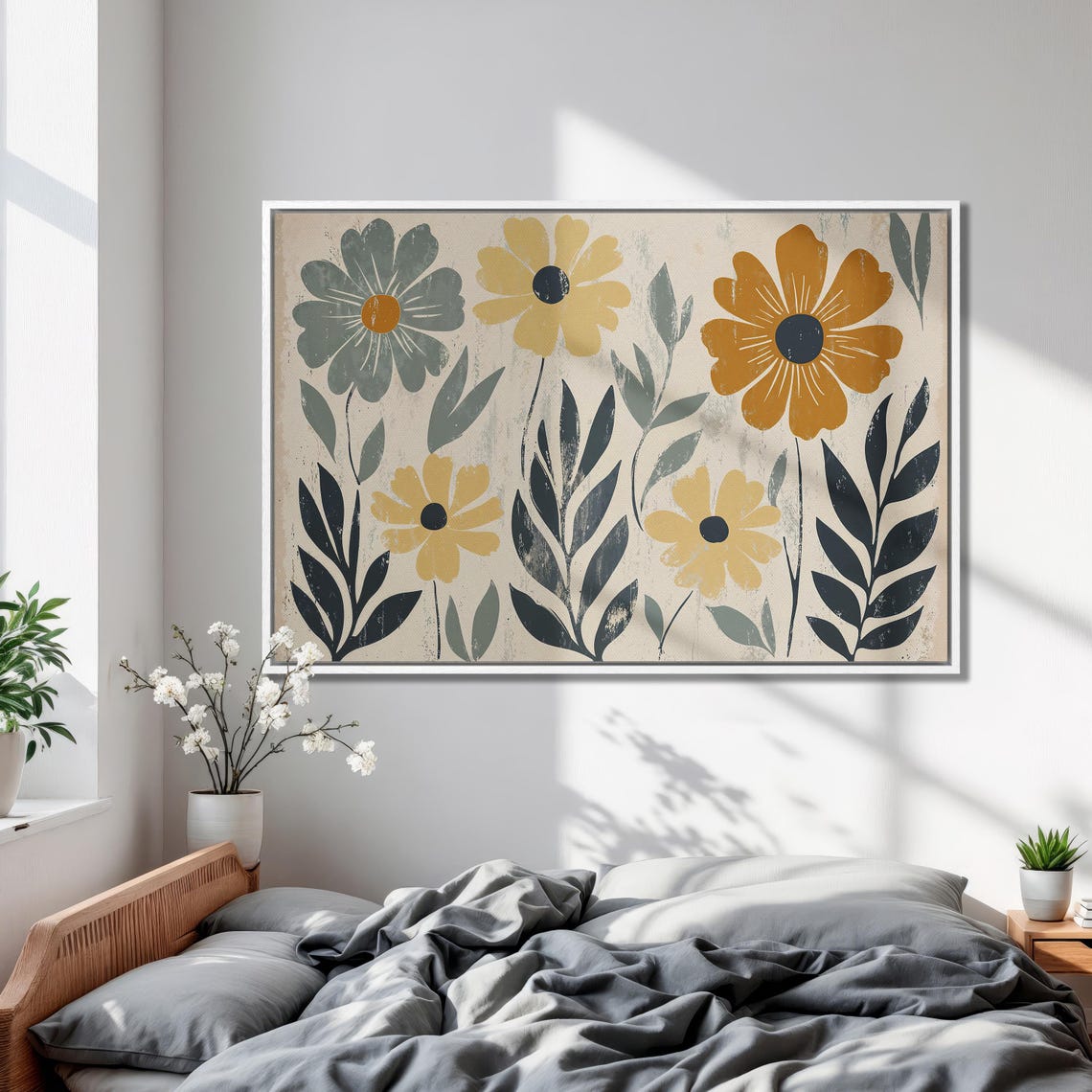 Mid Century Modern Boho Floral Pattern with Mustard Blooms Poster - Image 2