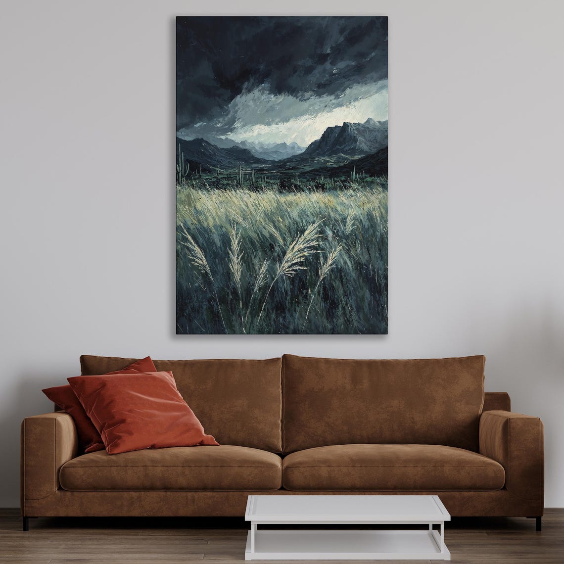 Stormy Dark Clouds Over Desert Mountains and Wild Grass Poster - Image 4