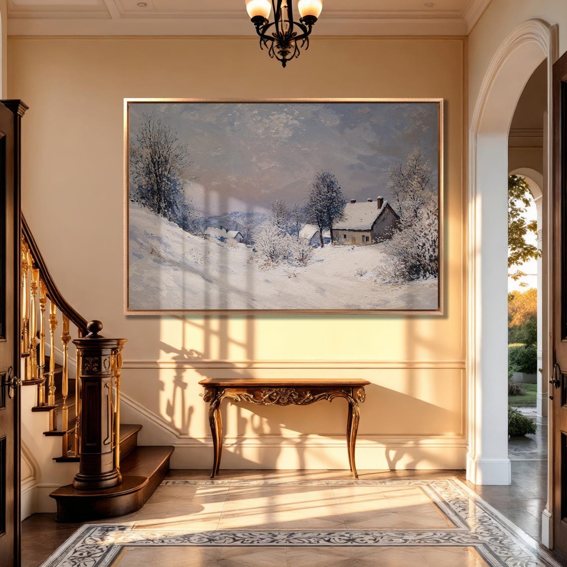 Winter Cabin In Snowy Forest Framed Print Extra Large Rustic Village Wall Art Nature Landscape Painting Print Ready To Hang - Image 5