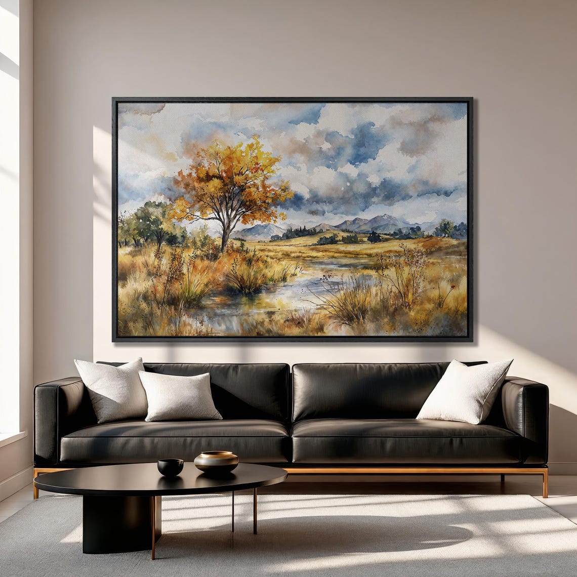 Golden Autumn Tree by a Stream Watercolor Mountain Landscape Poster - Image 3