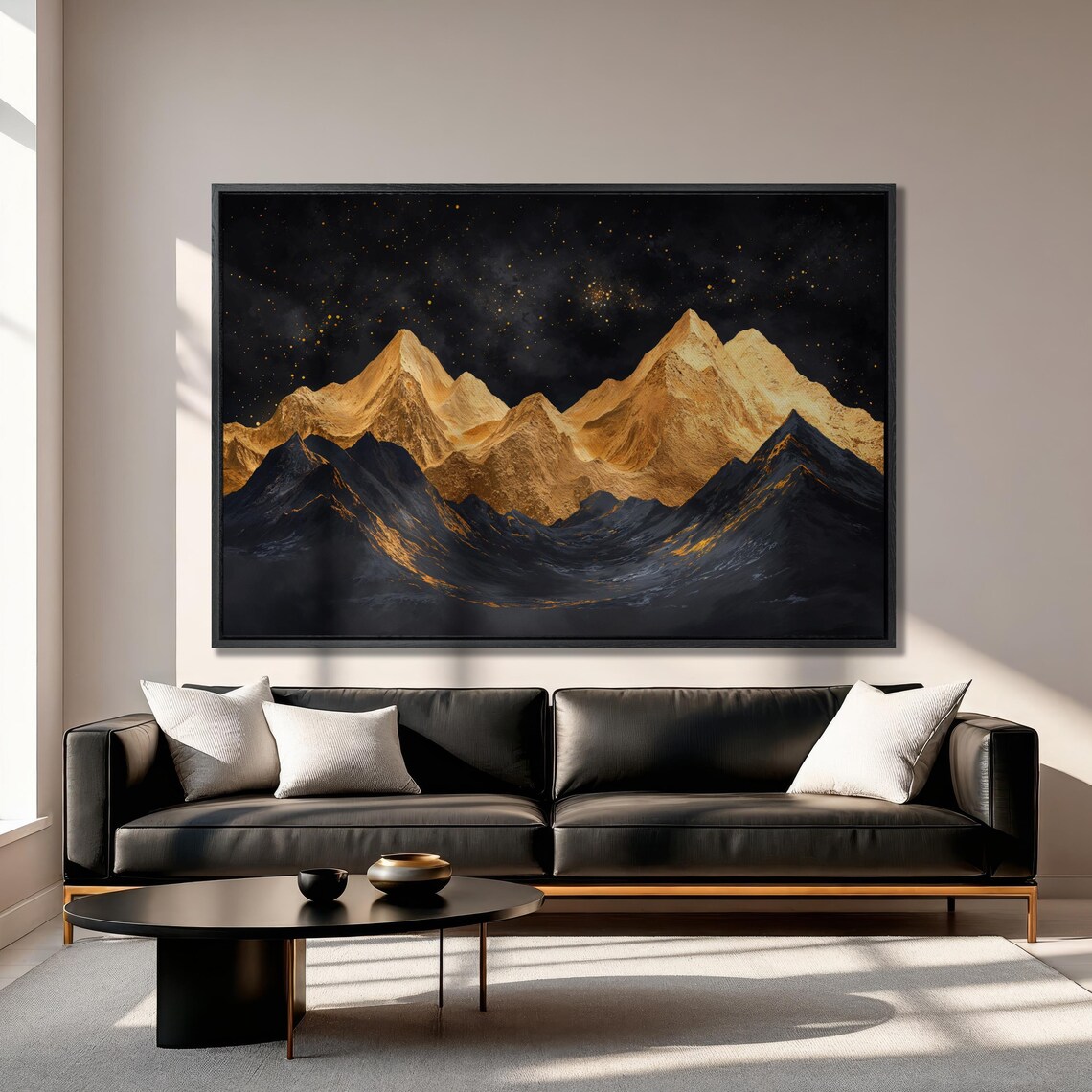 Golden Mountains Under Starry Sky Wall Art Abstract Landscape Painting Print Luxury Wall Decor Black And Gold Artwork Ready To Hang - Image 2