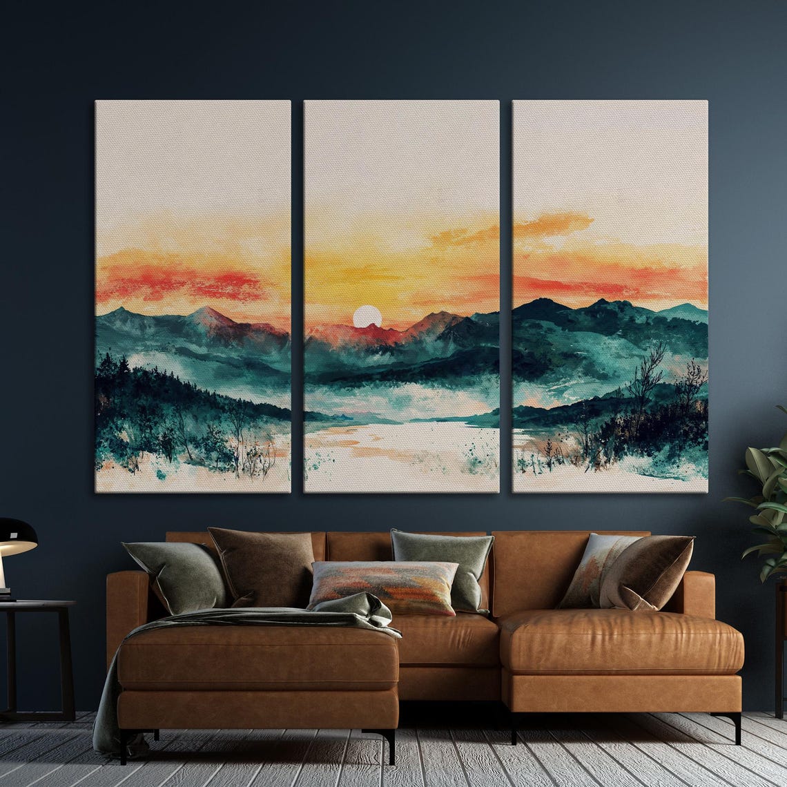 Abstract Mountain Sunset with Sun Over Teal Ridges Art Poster - Image 6