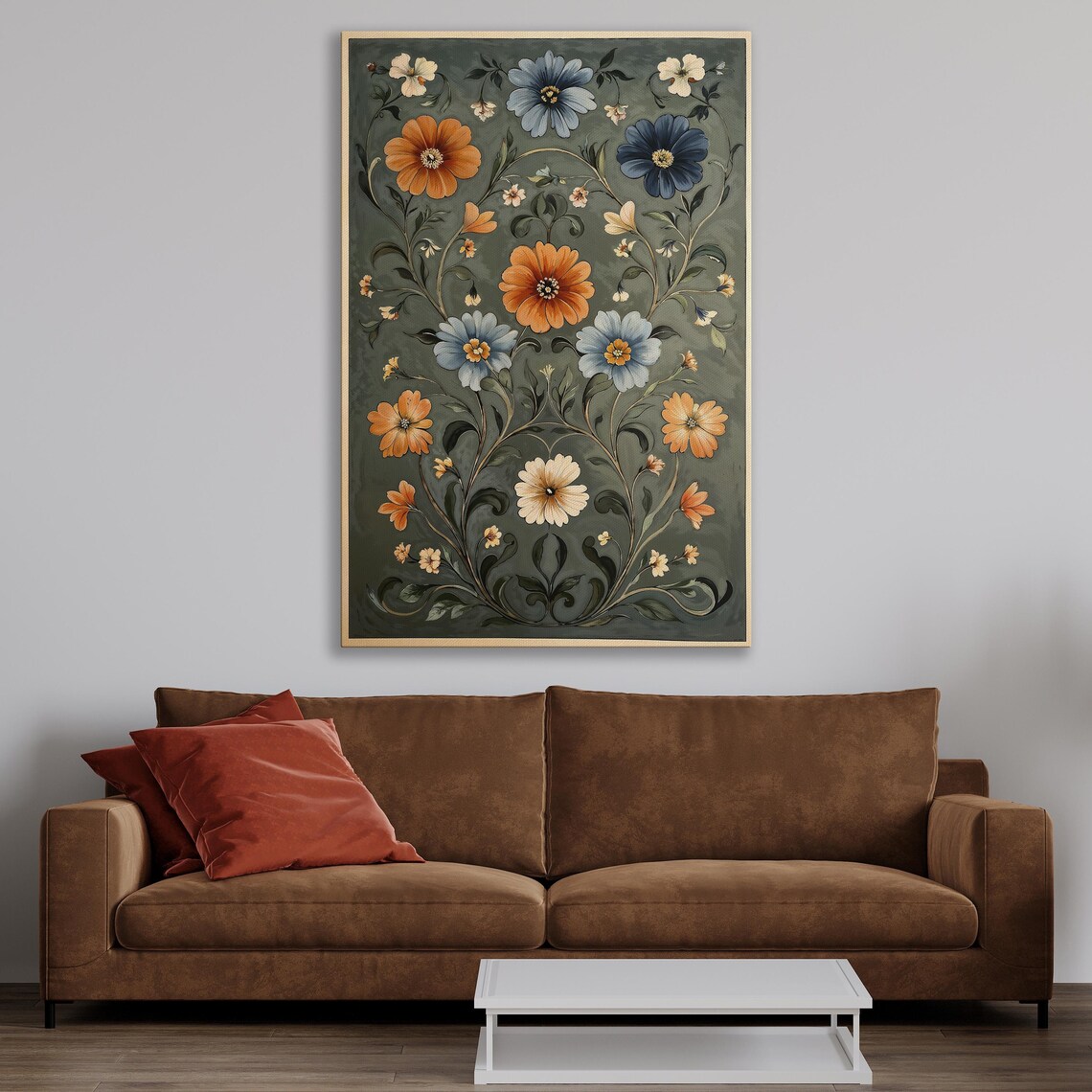 Vibrant Wildflowers in Blue and Orange on Sage Green Art Print - Image 4