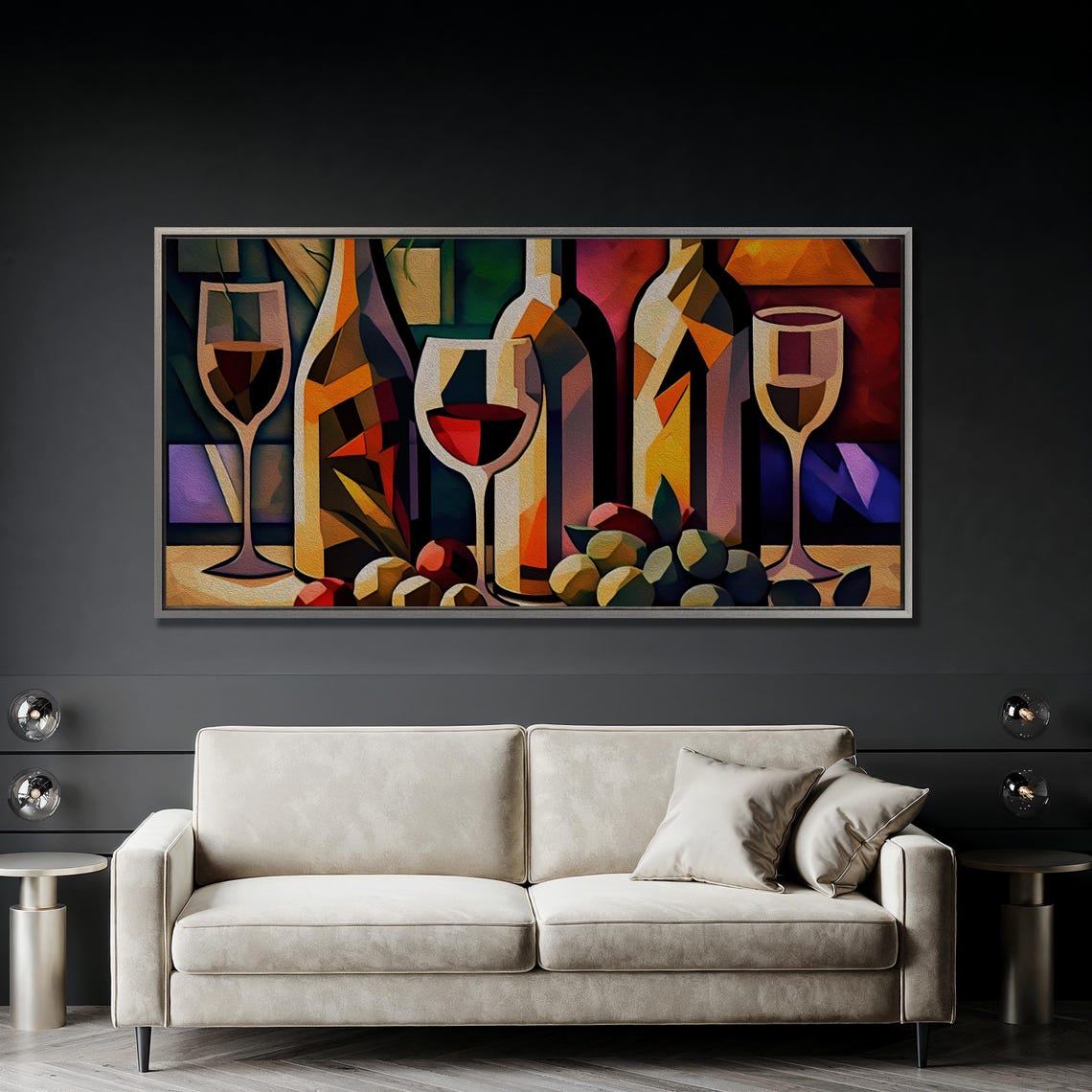 Cubist Wine Bottles and Glasses Geometric Still Life Oil Art Poster - Image 2