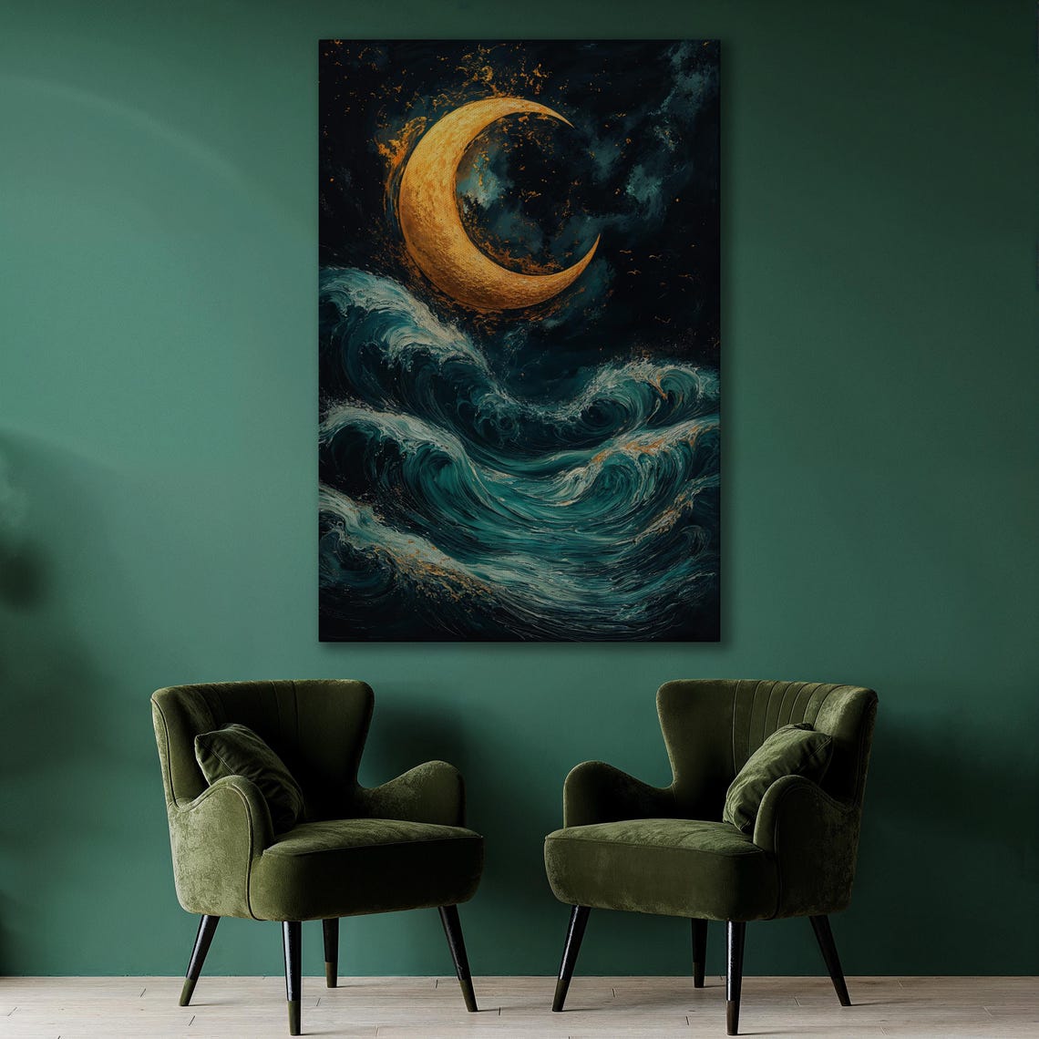 Golden Crescent Moon Over Teal Ocean Waves at Night Sky Poster - Image 2