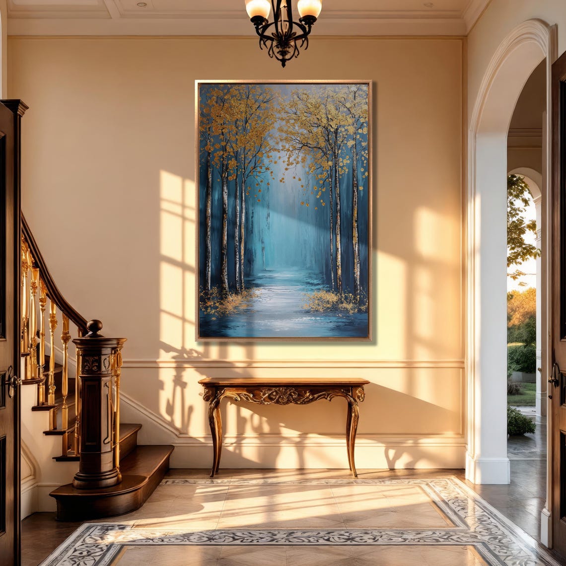 Abstract Forest Wall Art Golden Trees On Blue Background Painting Print Nature Wall Decor Modern Woods Scenery Poster Ready To Hang - Image 5
