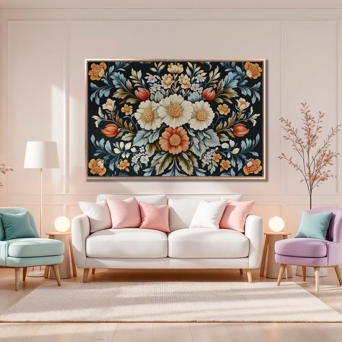 Dark Botanical Bouquet with Cream Blooms and Orange Tulips Poster - Image 4