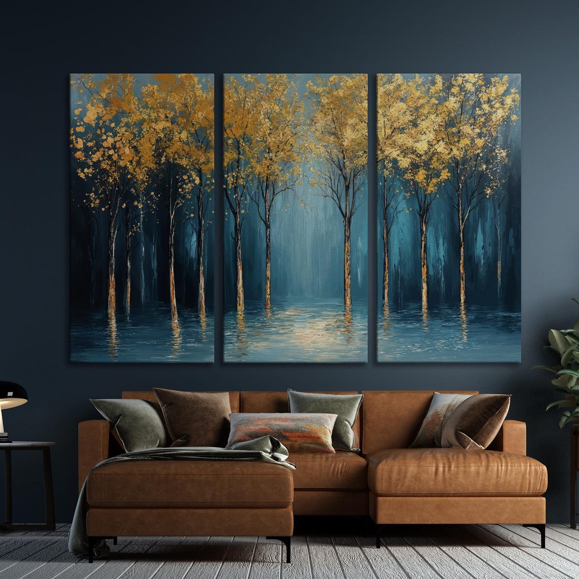 Golden Trees Wall Art Abstract Forest Landscape Painting Print Serene Wall Decor Blue And Gold Modern Nature Poster Ready To Hang - Image 5