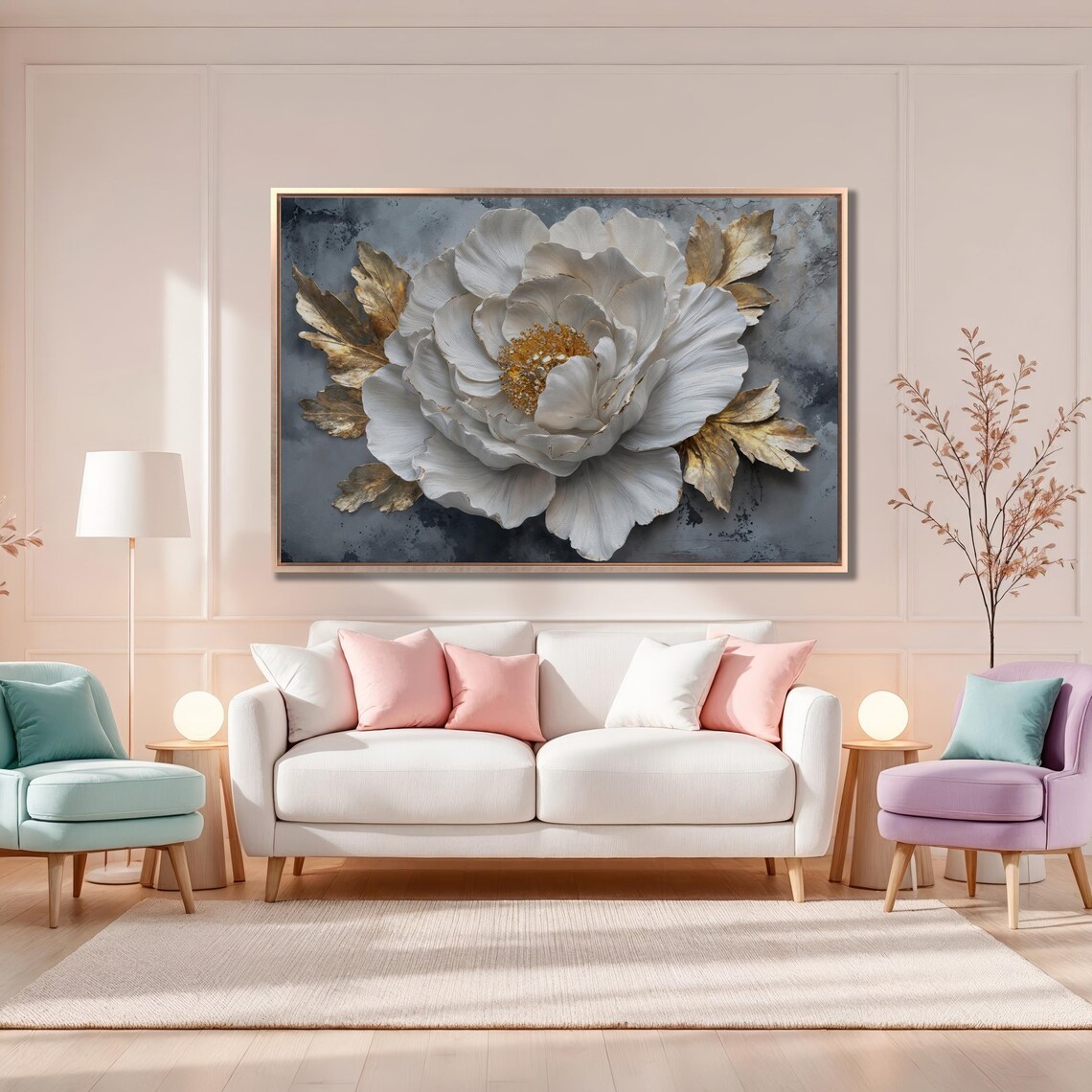 White Flower And Golden Leaves Wall Art Abstract Floral Painting Print Luxury Wall Decor Modern Botanical Poster Ready To Hang Gift - Image 2
