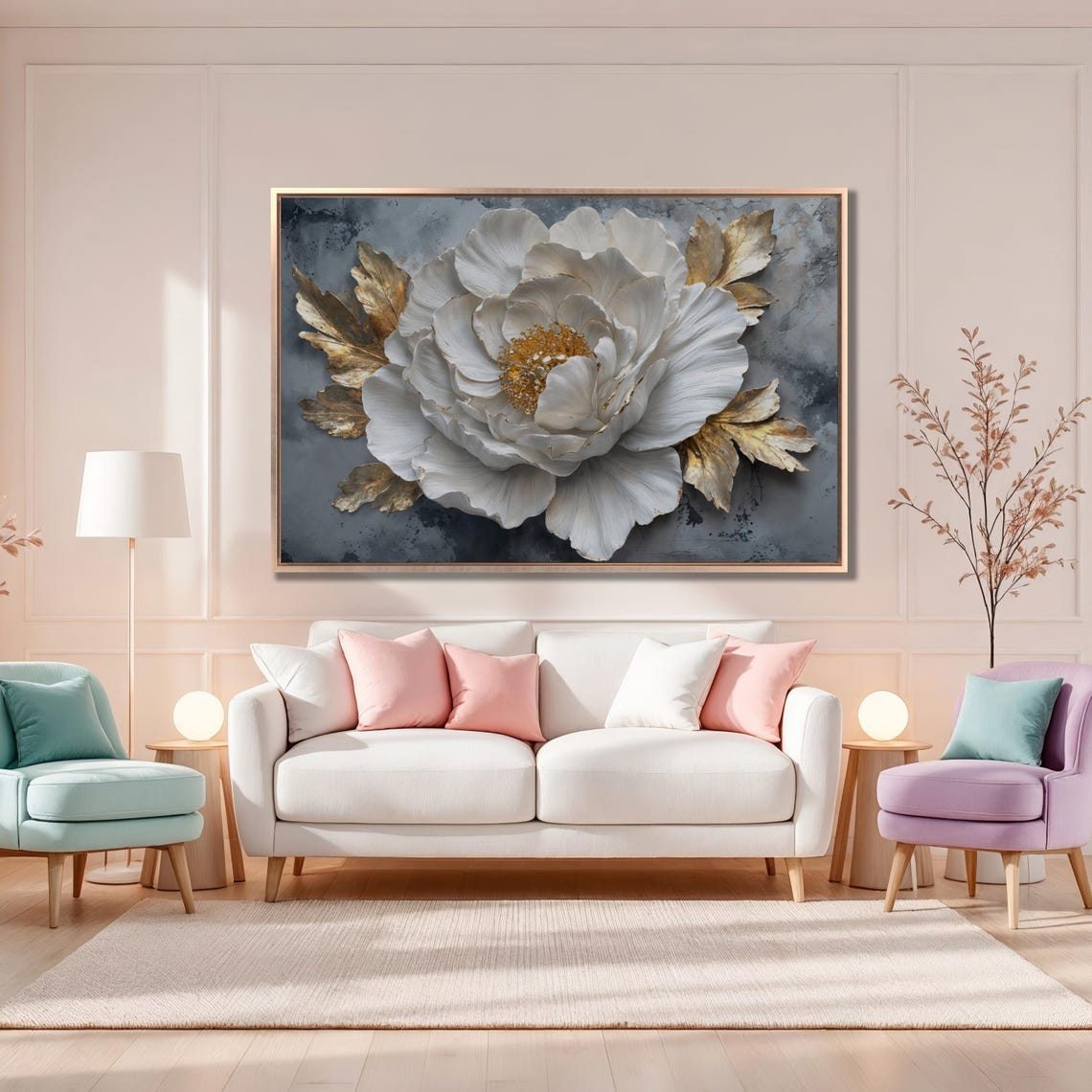 White Peony Bloom With Gold Leaves 3D Relief Floral Art Poster - Image 2