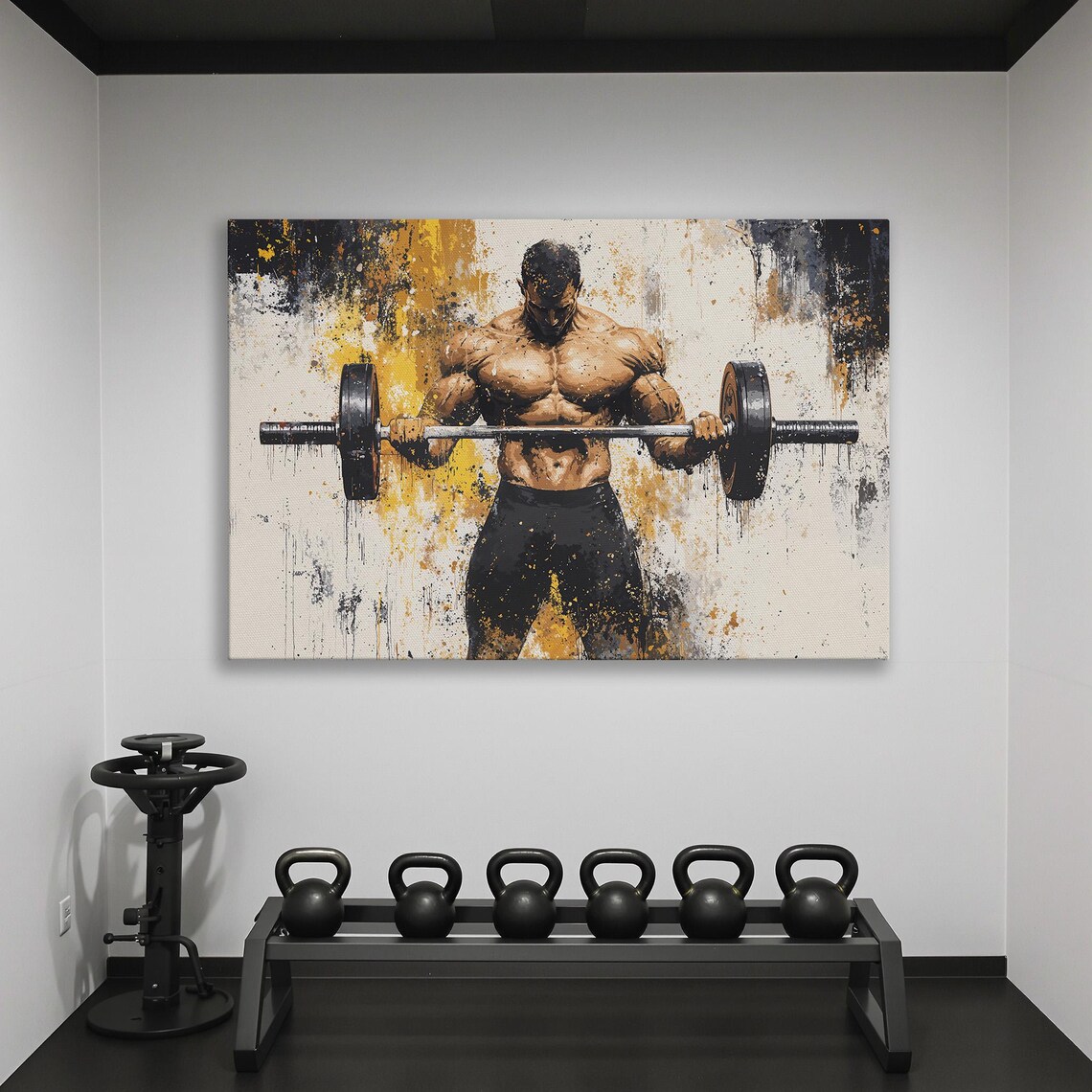 Muscular Man Curling Barbell In Black And Gold Splash Art Poster - Image 2
