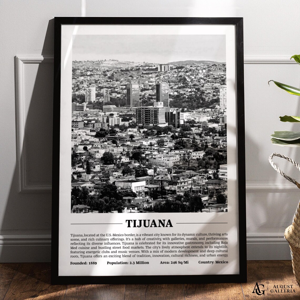 Tijuana Mexico Hillside City Black and White Skyline Travel Poster