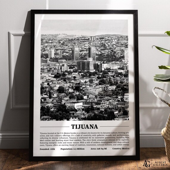 Tijuana Mexico Hillside City Black and White Skyline Travel Poster