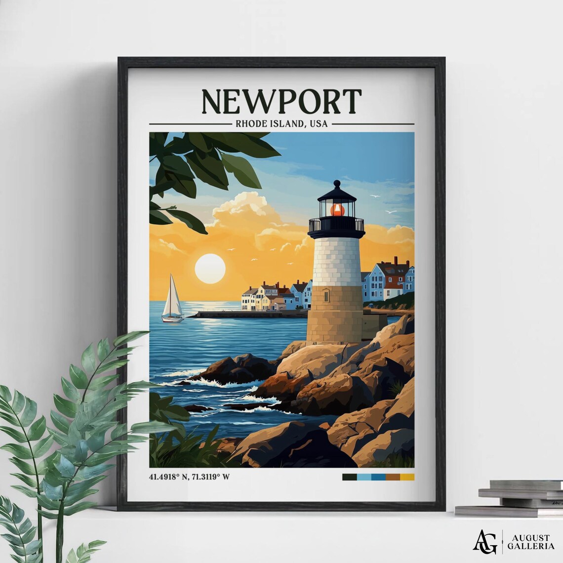 Newport Rhode Island Lighthouse Rocky Sunset Coast Travel Poster