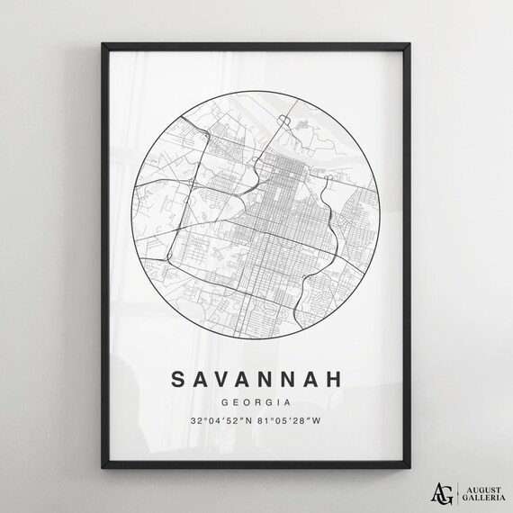 Savannah Georgia Circular Minimalist Black White City Map Poster